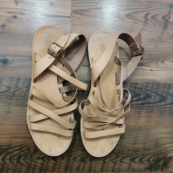 Madewell Boardwalk Boho Earthy Buckle Leather‎ Tan Strappy Sandals Preppy Mom 10 - Picture 2 of 6